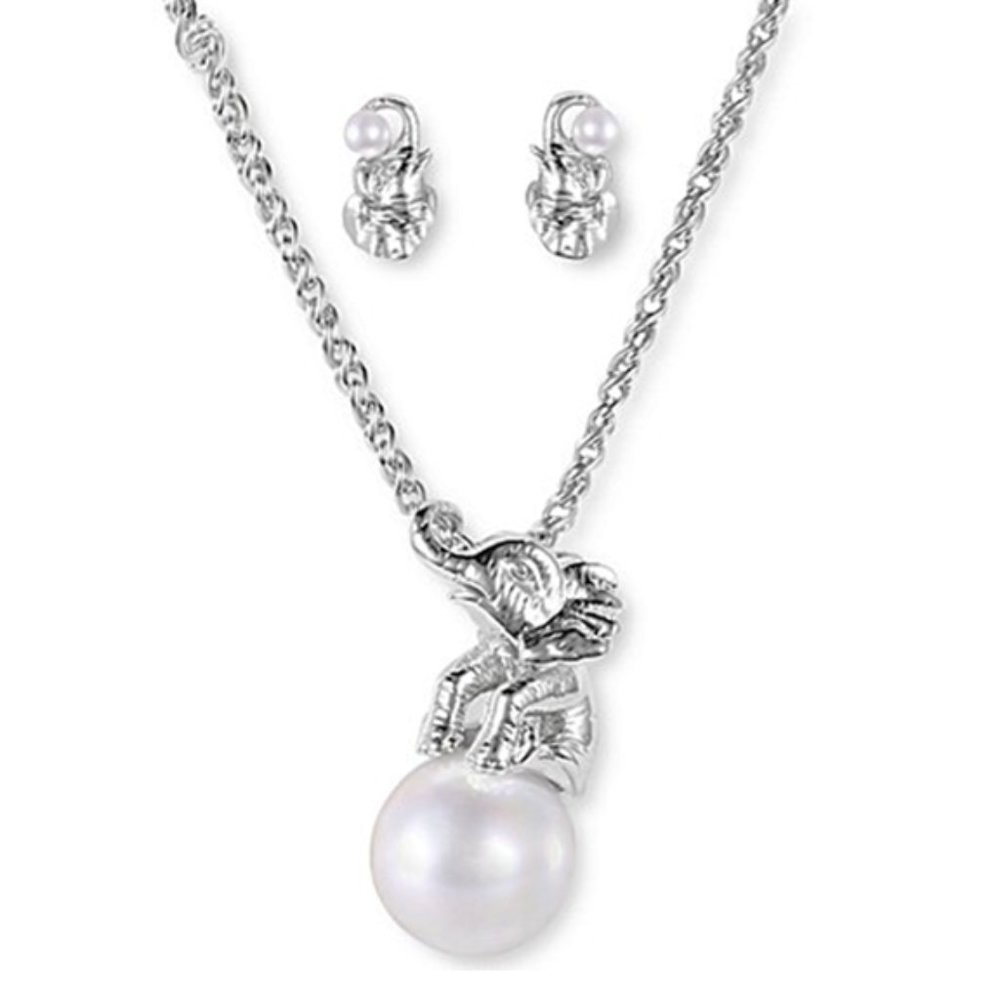 -NEW Elephant Pearl Pendant Necklace & Earrings Set